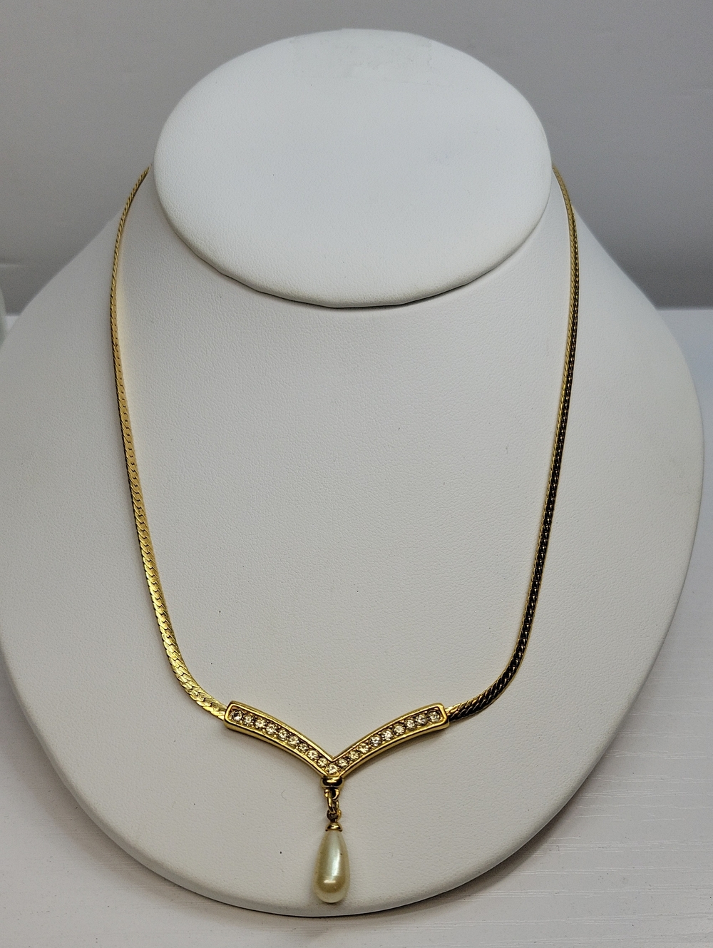 Vendome Gold Pearl Drop Necklace with Crystal-Studded V Pendant